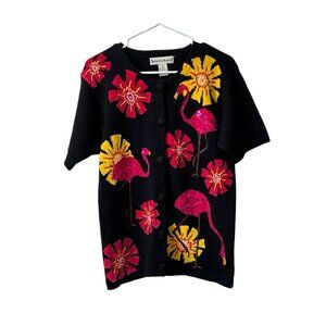 Seventh Avenue Cardigan Sweater Floral Flamingo‎ Colorful Size Small Art Beach